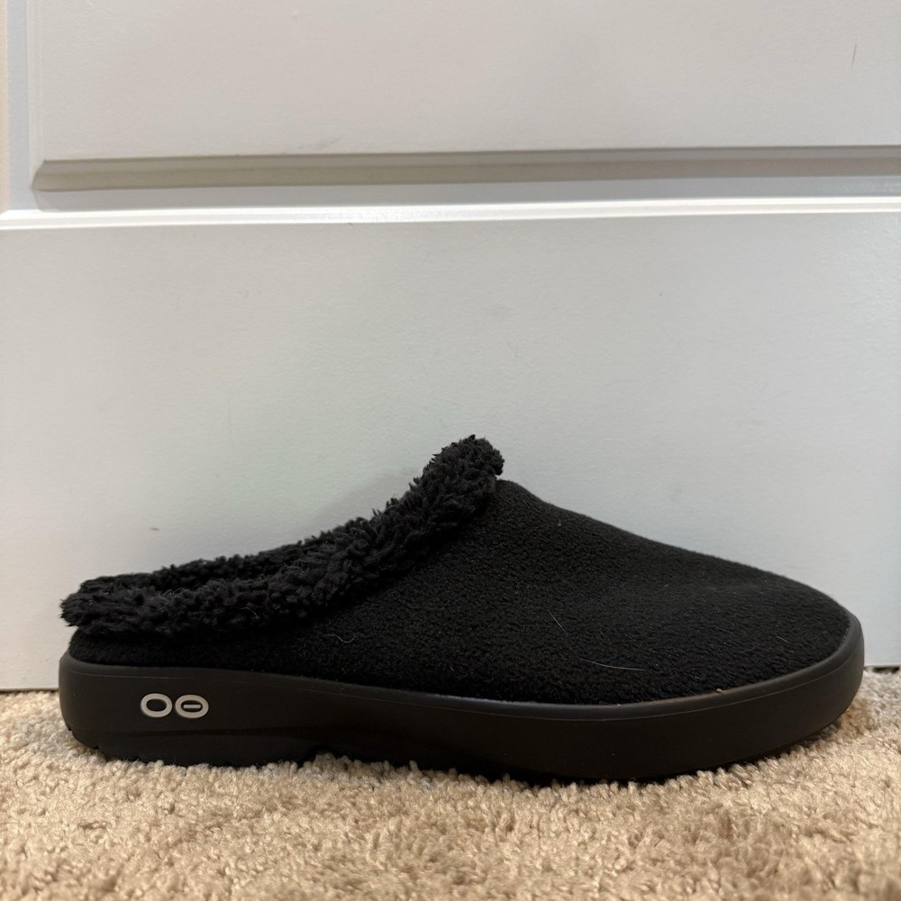 OOFOS Shoes Mens Size 11.5 Black Fleece Lined Mule Slippers House Comfort
